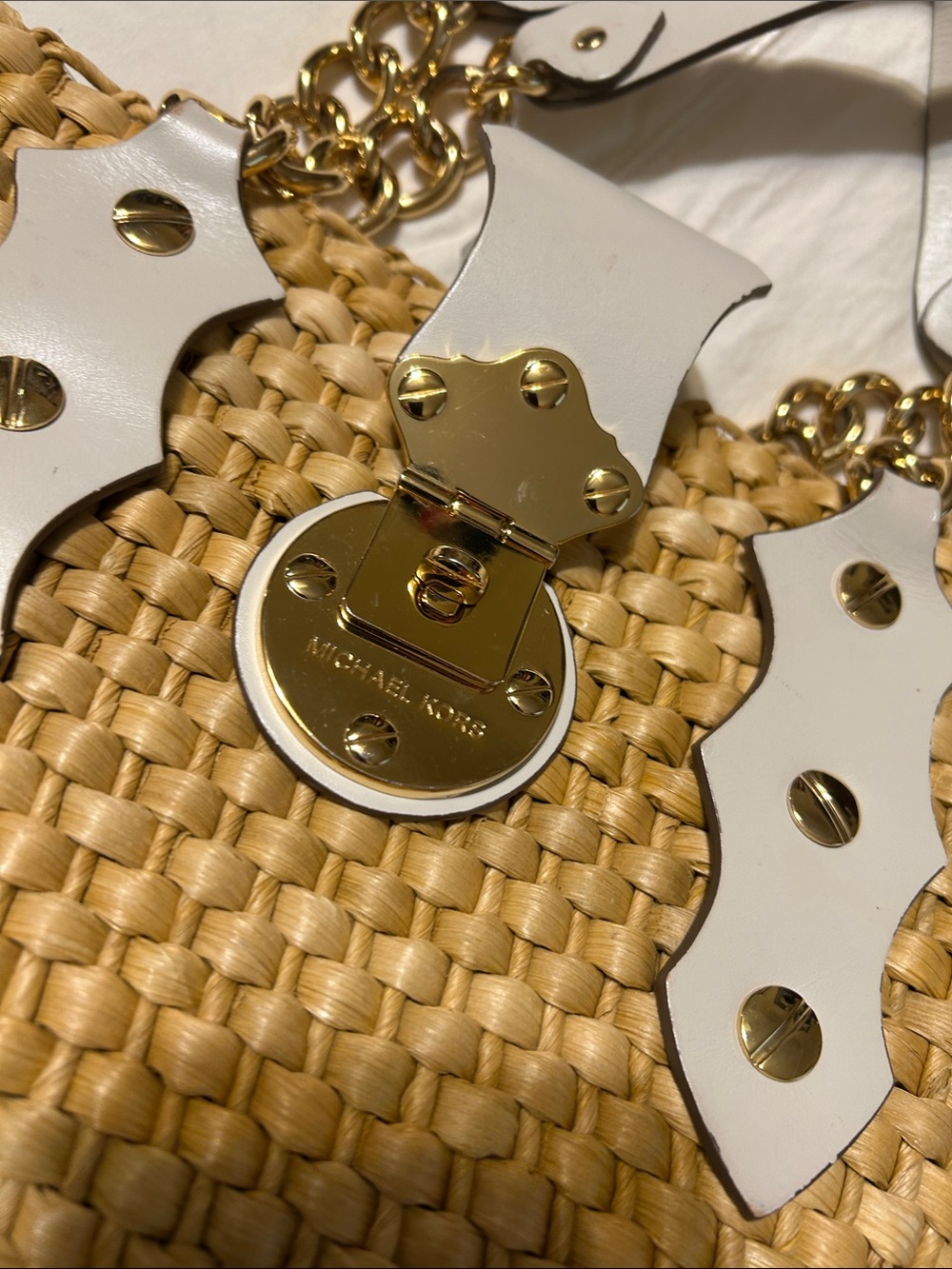 Michael Kors Tan Woven Straw Tote with Gold Hardware and Cream Trim - Picture 14 of 15